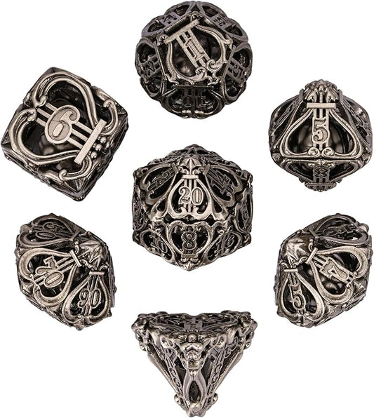 Cusdie 7-Die Metal Dice Set - Hollow Design with Bells - Crisp Sounding Gaming Dice in Tin Box - Perfect for Tabletop RPGs & Board Games(Ancient Nickel)