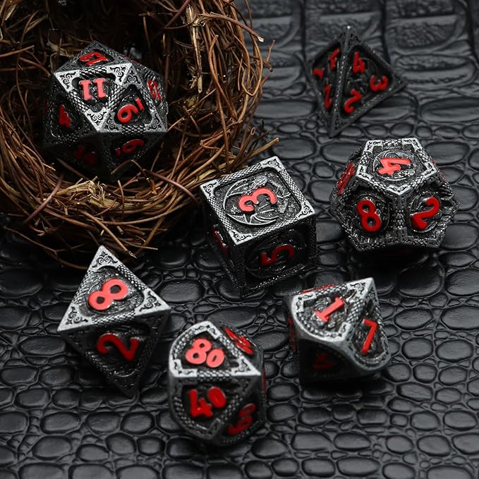 Haxtec Metal DND Dice Set Black Red Dragon D&D Dice Set with Leather Dice Bag Metal Polyhedral Dice for Dungeons and Dragons Gifts TTRPG Dice