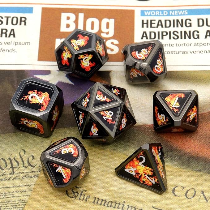 Haxtec Fire Bolt Real Scene Metal DND Dice Set Black Polyhedral Metal Dice for D&D Dungeons and Dragons Gifts TTRPG Games-Dark Fire