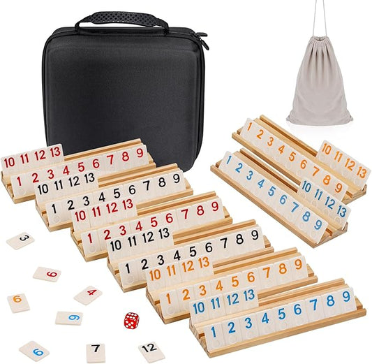 6-8 Players Rummy Game Upgraded Set with 8 Wooden Racks, 214 Tiles, Portable Case, Drawstring Bag and Dice, Board Games for Adults Friends Night Gifts Travel Party Sharpens Brain