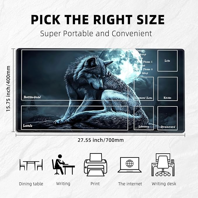 for MTG Playmat with Zones Storage Bag,for TCG Playmat and Playing Card Mat for Magic Board Games, Wolf Non Slip Stitched Edges Game Mat, Rollable Foldable Card Playmats
