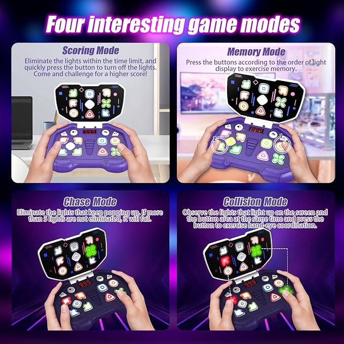 Fast Push Puzzle Handheld Game, Light Up Pop Fidget Game for Kids Teens Adults,Electronic Brain & Memory Game for Boys Girls,Purple