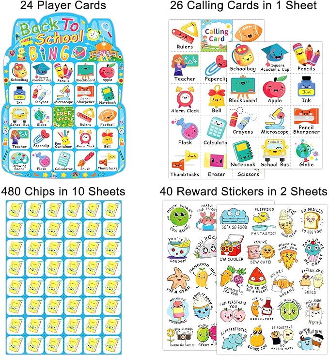 Back to School Bingo Games for Family Kids Party Games Gifts 24 Players School Bingo Cards Set First Day of Classroom Activities