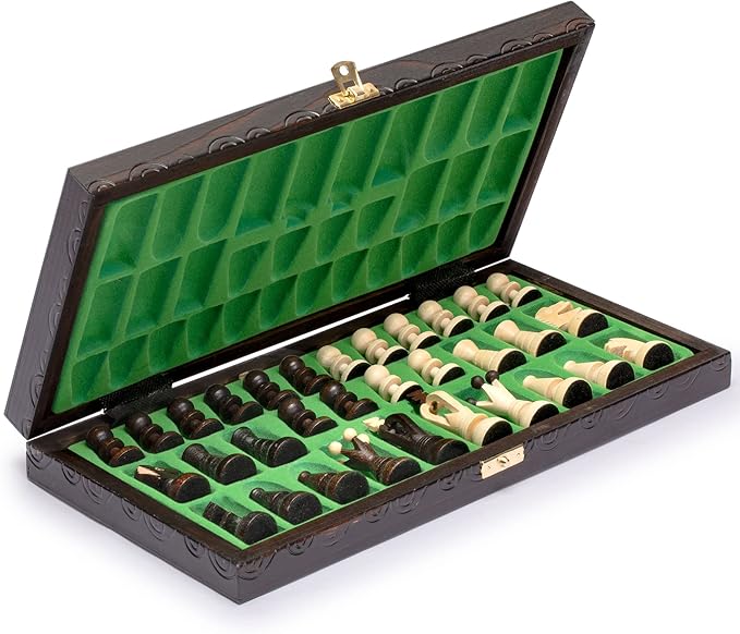 Husaria European International Chess Wooden Game Set, King's Continental - 13.8 Inches Medium Size Chess Set with Handcrafted Chessmen and Felted Folding Board