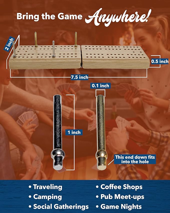 WE Games Travel Cribbage Board Game Set – Foldable 2-Track Mini Wooden Cribbage Board with Cards, Dice, Metal Pegs & Storage Bag – Portable Game