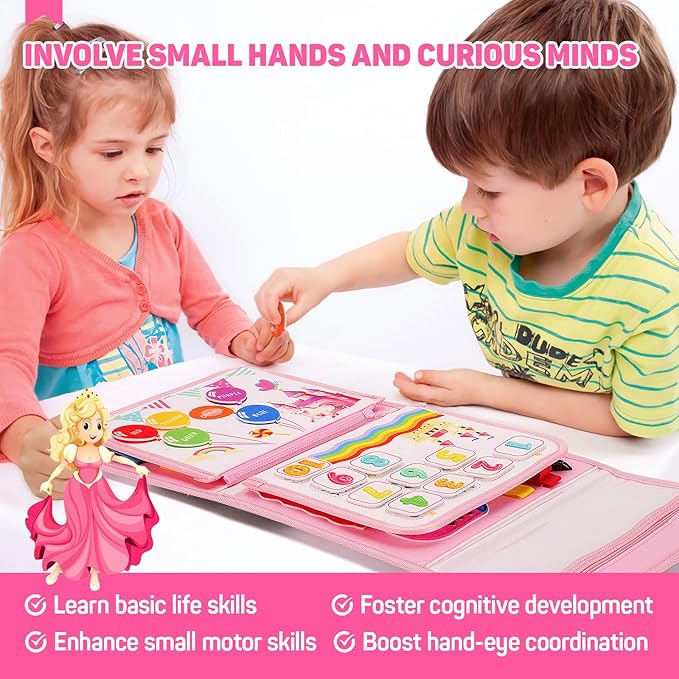 Cokouchyi Toddler Busy Board Backpack Travel, Montessori Toys for 1-4 Year Old Toddlers, First Birthday Gifts for Toddler Girl Age 1-4, Learning Educational Sensory Busy Book for Travel, Princess