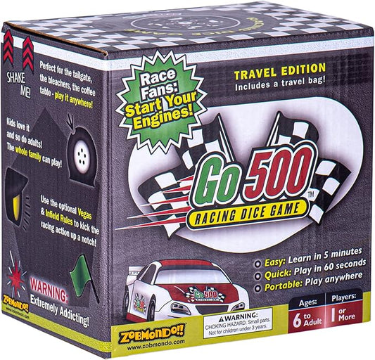 Zobmondo!! Go500 Car Racing Dice Game | Great for NASCAR Fans, Families, and Kids | Portable Fun Game for Home, Travel, Camping, Bleachers, Vacation, Beach