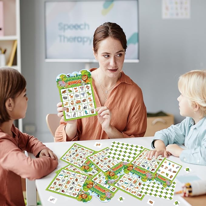 Animal Bingo Game for Toddler Adults, 24 Players Jungle Safari Animal Bingo Game Cards Birthday Party Bingo Cards for School Classroom Family Activities