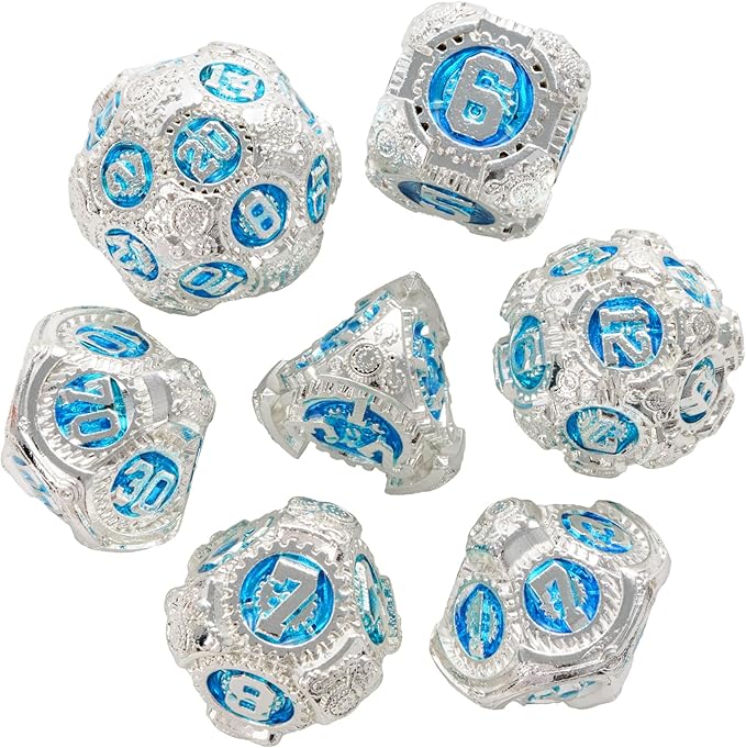 Metal Dice Set D&D, 7-Die DND Dice Metal Gear Dice with Gift Dice Bag for DND Dungeons and Dragons Role Playing Games (Silver Blue)