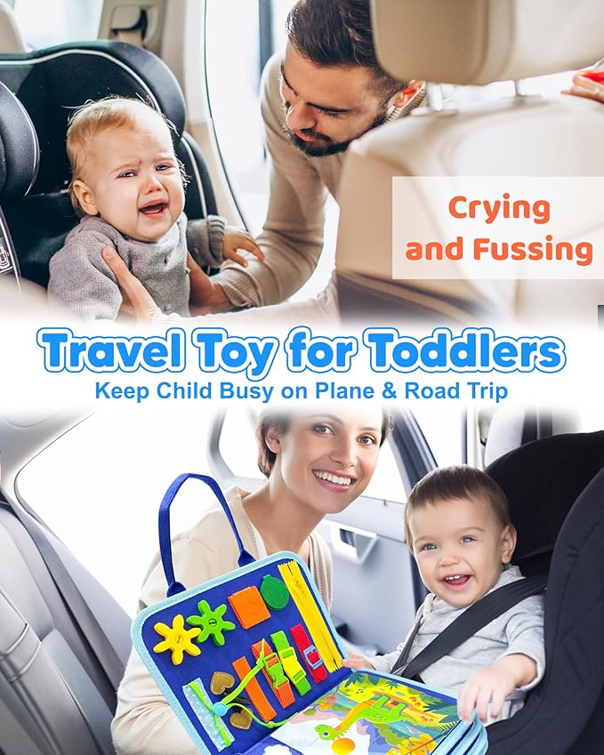 Toddler Busy Board Montessori Toys for 1 2 3 4 Year Old Boy Birthday Gifts, Busy Book Sensory Learning Toys for Toddlers 1-3, Educational Activities Airplane Car Travel Toy for Ages 2-4 Boys