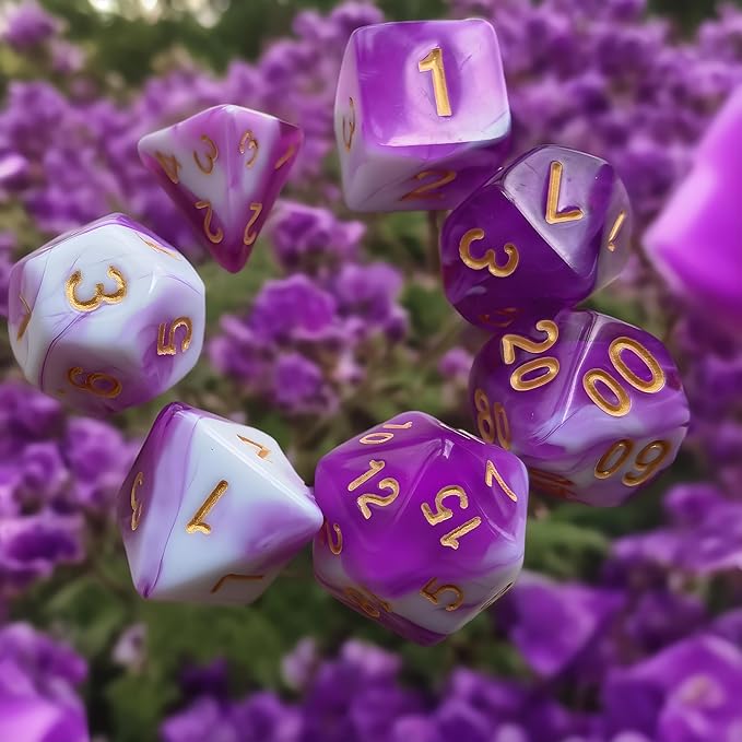 DND Dice Set, 7 Pcs Dice for Dungeon and Dragons D&D RPG Role Playing Games Dice Set with D20 D12 D10 D% D8 D6 D4(Purple Mixed White)
