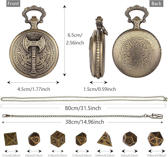 Mini DND Dice Set with Steampunk Barbarian Axe Pocket Watch Shell Case, 7pcs Polyhedral Metal DND Dice Set, D&D Gifts with Gift Box, Role Playing Board Games DND Accessories, Bronze