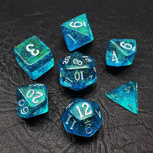 Bescon Blue Shimmery Dice Set, Polyhedral RPG Game 7-dice Set in Brick Box Packing