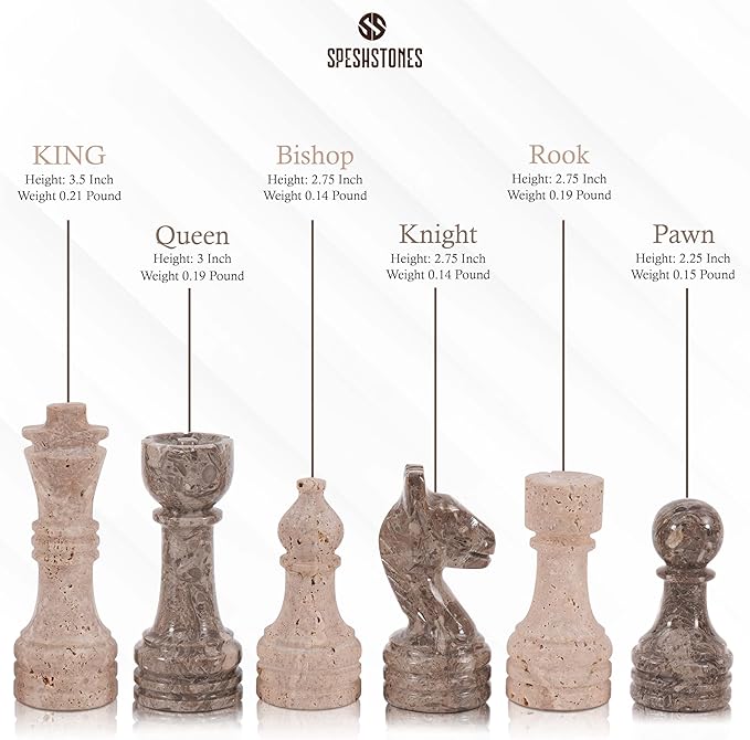 Marble Chess Pieces 3.5 Inch Travertine and Oceanic Stone Figures for Adults and Family, Classic Board Games Accessories for Checkers, Draughts, and Travel Strategy Play