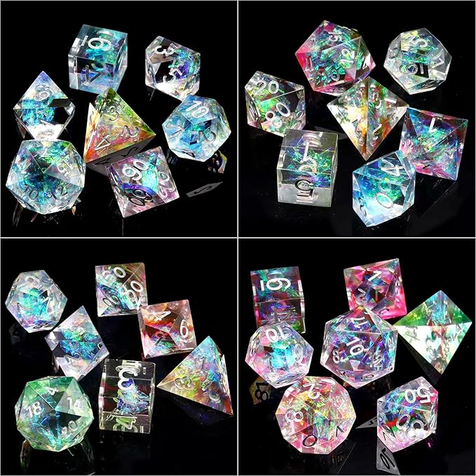 Haxtec Rainbow Sharp Edge Dice Set DND Dice with Iridescent Mylar Resin Dice Galaxy D&D Dice for RPG Role Playing Dungeons and Dragons Gift