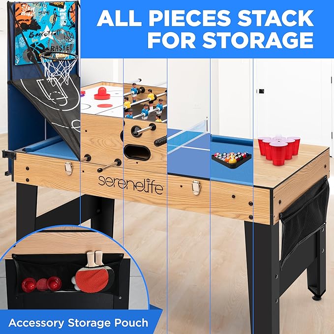 SereneLife 48" 6-in-1 Multi Game Table, Full-Size Indoor and Outdoor Arcade Sports Table with Pool, Air Hockey, Foosball, Basketball, Table Tennis, Dining Table, for Family, Kids, Adults