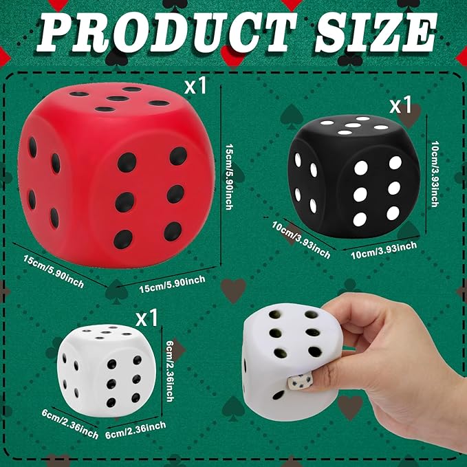 3 PCS Jumbo Foam Dice, Large Stress Relief Big Dice, Soft Squeeze Squishy Giant 6 Sided Dot Cube for Family Game Classroom Educational Party Favors, Assorted Size 2.36", 3.94", 5.91"