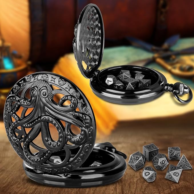 Mini DND Dice Set With Steampunk Hollow Octopus Pocket Watch Shell Case, 7pcs Polyhedral Metal Dice Set, D&D Gifts With Gift Box, Role Playing Board Games Accessories, Black