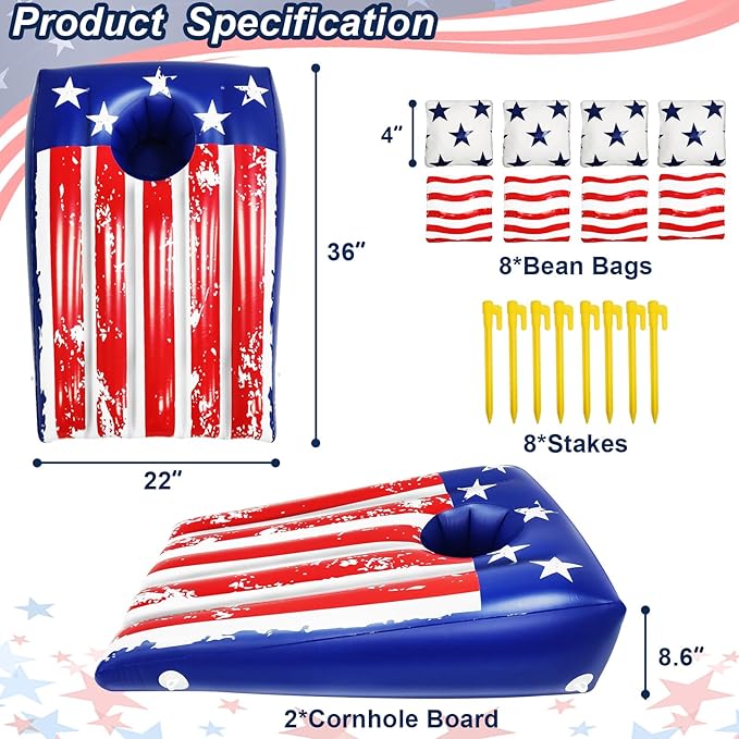 Pool Cornhole, 2 Pack Cornhole Boards 8 Bean 8 Stake, Pool Games for Adults Teen Family, Inflat American Flag Pools Toy Bean Bag Toss Game Pools & Beach & Ground Multi Occasions Summer Patriotic Party