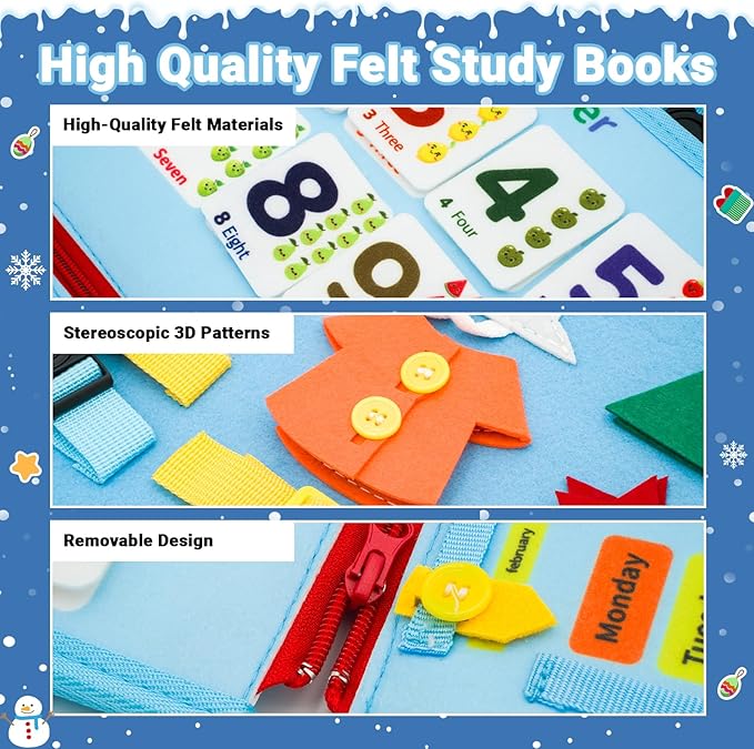 Montessori Busy Board, Baby Busy Book Educational Learning Toys for Toddlers Quiet Book Activity Books Buckle Toy Fine Motor Skills Toys for 1 2 3 4 5 Year Old Kids (Blue)