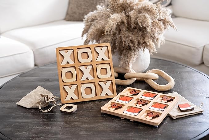 Tic Tac Toe Game, Versatile Boho Natural Wood Tic Tac Toe Board for Classic Two Person Games, 8.63 Inches Tic Tac Toe Coffee Table Decor, Two Ways to Play