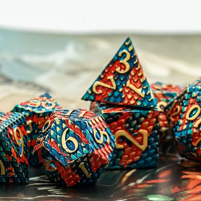 UDIXI Metal Dice Set, Dragon Scale D&D Metal DND Dice with Dice Pouch for Role Playing Games Dungeons and Dragons and Other Tabletop Game (Blue with Orange)