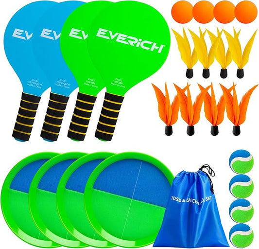 EVERICH Toss and Catch Ball Game Set & Paddle Ball Set, 8 Paddles 8 Balls 8 Birdies for Kids Teens Adults, Outdoor Indoor Beach Yard Lawn Toy Games for Family Fun, All-Season Play Birthday Easter Gift