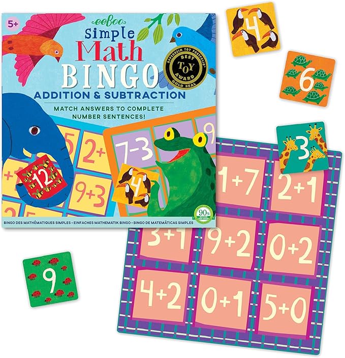 eeBoo: Simple Math Bingo Game, Addition & Subtraction, Match Answers to Complete Number Sentences, 54 Tiles Included, for Ages 5 and up