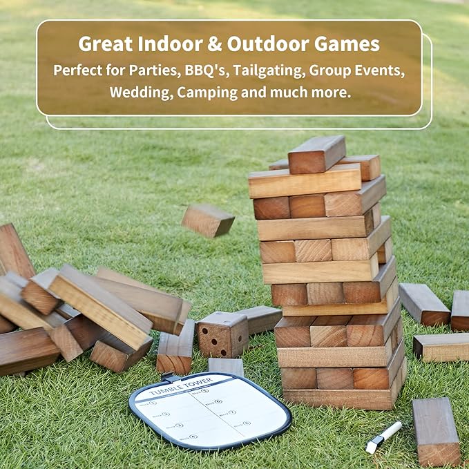 ApudArmis Giant Tumble Tower Stack to Over 5Ft, 56 PCS Pine Wooden Stacking Timber Game with 1 Dice Set - Classic Block Giant Outdoor Game (7.48 * 2.48 * 1.5In Each Block, Brown)