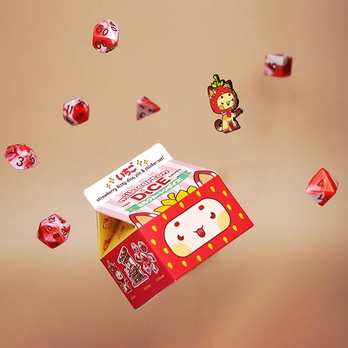 1985 Games Strawberry Kawaii Cat Dice Set – Milk Carton-Inspired Dice for DND | TTRPGs & Tabletop Roleplaying