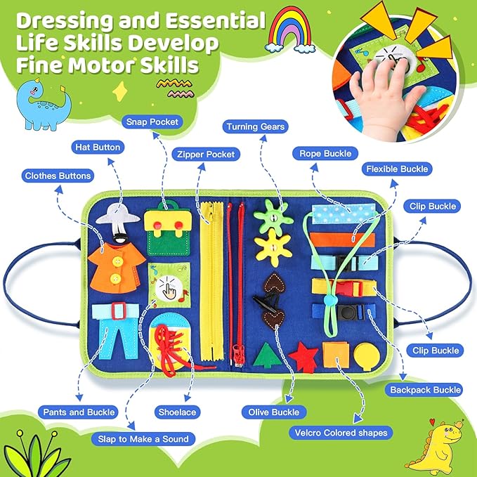 Toddler Busy Book，Dinosaur Toys for Kids 3-5，Busy Board，Montessori Toys，Toddler Travel Toys，Educational Toys，Sensory Board Fine Motor Toys，Toddler Airplane Travel Essentials Quiet Books