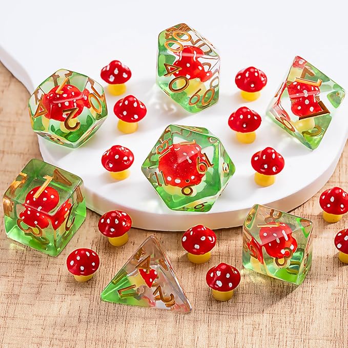 Mushroom Resin Dice Set,Polyhedral Dice Mushroom Inclusion Dice,RPG D&D Dice Set for Dungeons and Dragons MTG RPG Role Playing Games