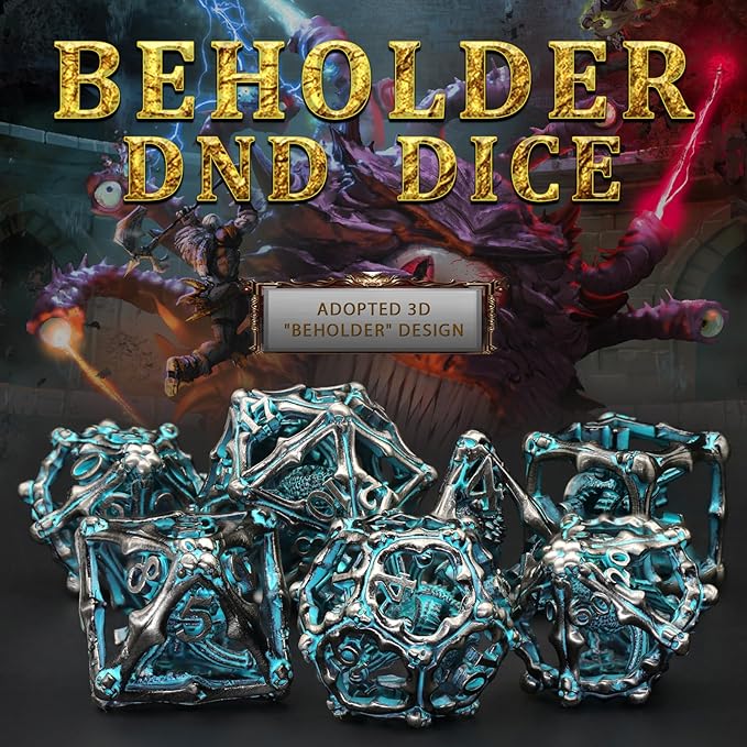 Beholder Dice Set DND, Dragon Eye Dice, ZHOORQI 7PC/Set Polyhedral Dices for Dungeons and Dragons, RPG, Eye Monster D&D Gifts（Eye -Retro Blue）