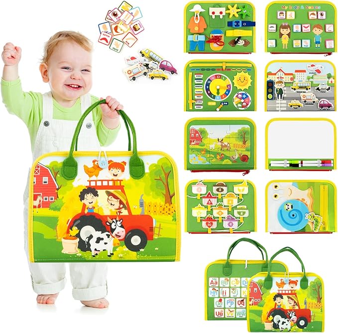 Busy Book for Toddlers 1-3, Farm Toddler Busy Board Montessori Toys for 1 2 3 4 Year Old, Sensory Board Preschool Learning Toys Quiet Books Birthday Gifts for Girls Boys, Travel Toys for Airplane Car