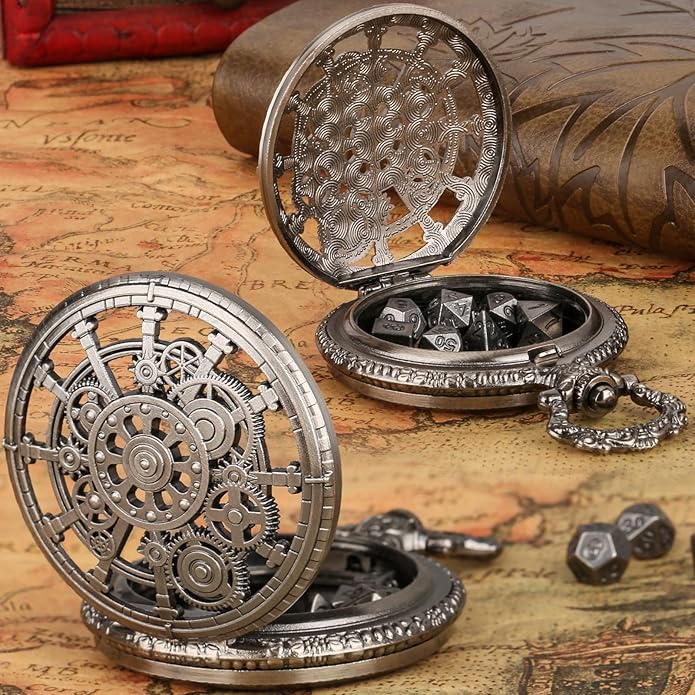 Mini DND Dice Set with Steampunk Hollow Gear Pocket Watch Shell Case, Tiny 7pcs Polyhedral Metal D&D Dice,DND Gifts with Leather Bag, Christmas Gifts, Role Playing Board Games Accessories, Silver
