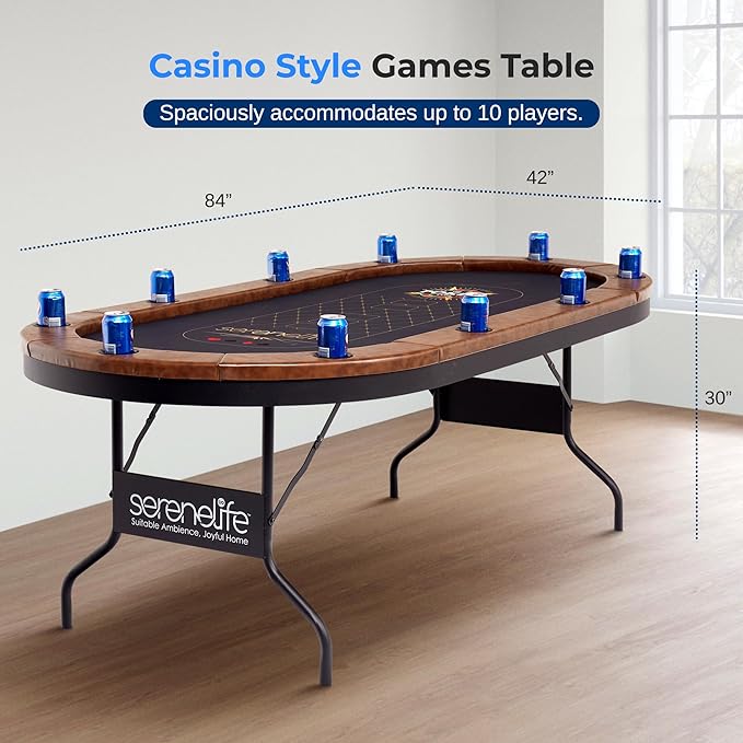 SereneLife 10-Player Oval Foldable Poker Table - Casino Texas Holdem Table with Water-Resistant Cushioned Rail, 10 Cup Holders, Brown Felt Surface, Black Jack Board & Family Games (Dark Brown)