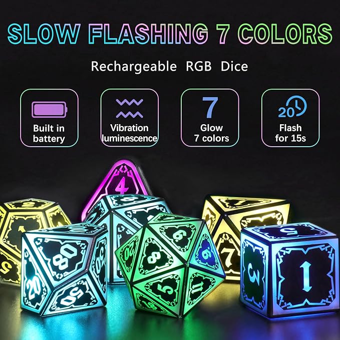 Wireless Light Up Dice Set D&D RGB for Dungeons and Dragons,Cool LED DND Dice with Charging Box Rechargeable 7 Color Polyhedral Role Playing Dice for DND Gifts RPG(Astral Shard Black)