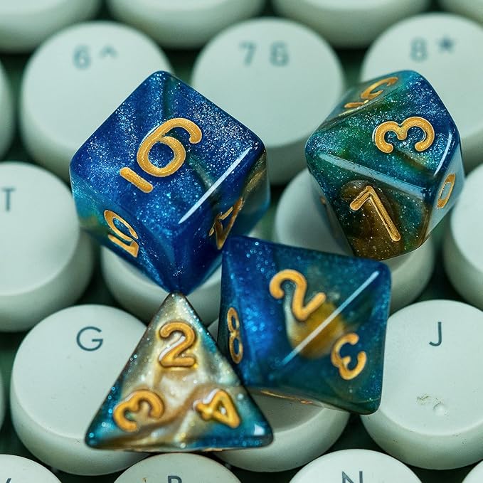 7-Die DND Dice Set Polyhedral Dice Set with a Leather Dice Bag, D&D Dice Set for Dungeons and Dragons, RPG, MTG Table Games (Blue Yellow/Glitter)