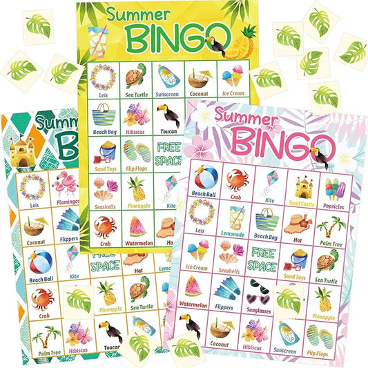 Fancy Land Summer Bingo Game for Kids 24 Players Hawaiian Tropical End of Year Summer Luau Party Favors Supplies