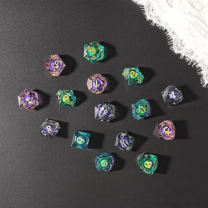 Beholder's Dragon Eye DND Dice Set, Resin Float Liquid Core Sharp Edge D&D Dice, 7pcs Polyhedral D% D20 D12 D10 D8 D6 D4 Dice Set Gifts for Dungeons and Dragons RPG COC MTG Board Games