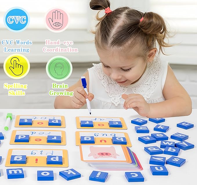 Wooden CVC Word Spelling Games, Preschool Kindergarten Learning Activities, Montessori Educational Toys for 3 4 5 6 Year Old Kids, Sight Words Flash Cards Writing Reading Letters Toy for Toddlers