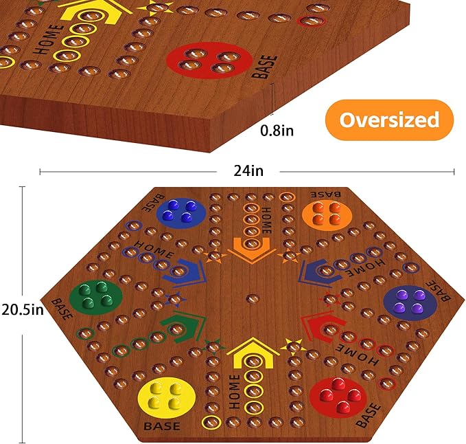 Wooden Board Game, Board Game Original Marble Game Double Sided Painted 2 to 6 Player Fast Track Wooden with 6 Colors 24 Marbles 6 Dice for Adults Kids Family(24 INCH Flame)