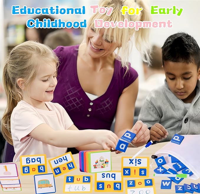Wooden CVC Word Spelling Games, Preschool Kindergarten Learning Activities, Montessori Educational Toys for 3 4 5 6 Year Old Kids, Sight Words Flash Cards Writing Reading Letters Toy for Toddlers