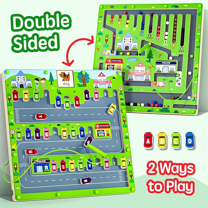 2 in 1 Magnetic Color and Number Maze Magnet Alphabet Counting Car Puzzle Double Sided Board Fine Motor Skills Montessori Educational Preschool Toys for Boys and Girls 3-5 Age (Car Maze, One Size)