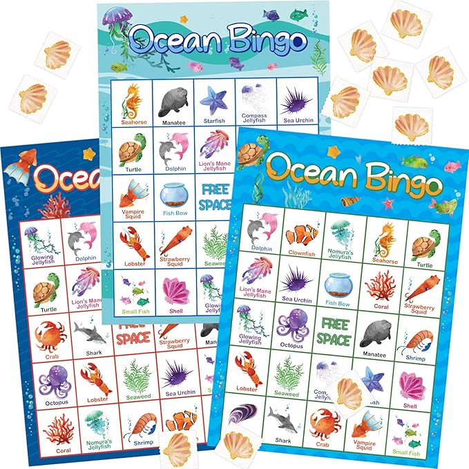 Ocean Bingo Game 24 Players for Kids Under Sea Party Game Supplies