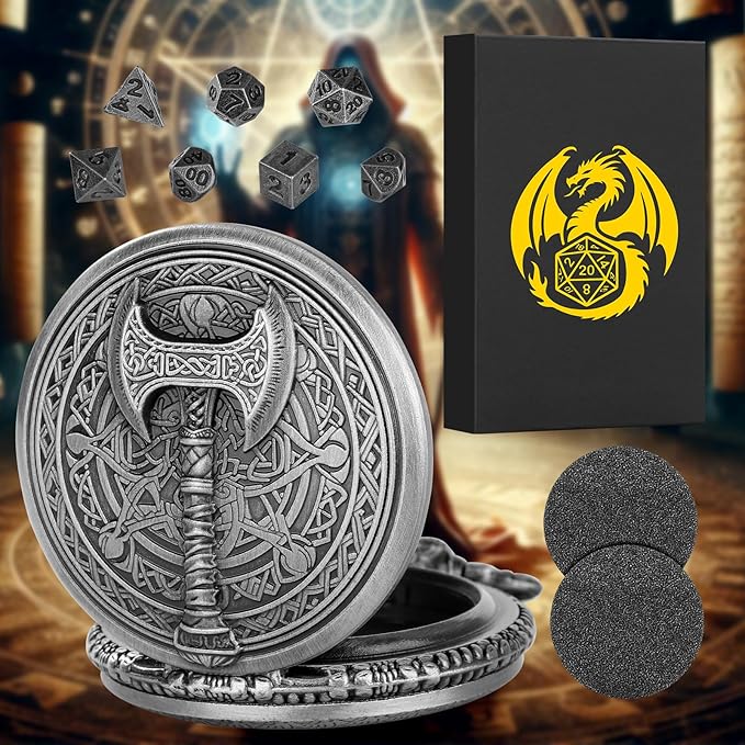 Mini DND Dice Set With Steampunk Barbarian Axe Pocket Watch Shell Case, 7pcs Polyhedral Metal Dice Set, D&D Gifts With Gift Box, Role Playing Board Games Accessories, Dark Silver