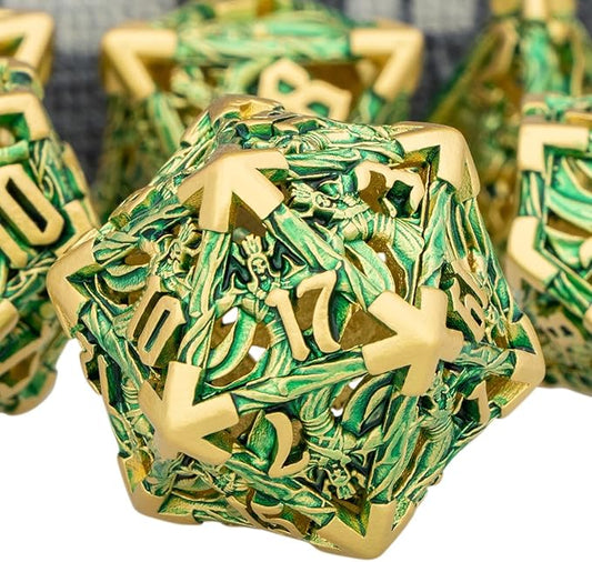 Hollow DND Dice Set Metal Wizard Dice with Box, 7pcs Green Polyhedral D and D Dice for use with D&D RPG Tabletop Games Role Playing Game