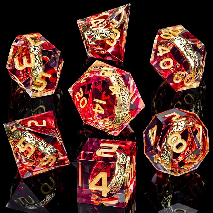 Magic Golden Ring DND Dice Set Sharp Edge Red Resin Dice with Box, for use with RPG D&D Tabletop Games Lord D and D Polyhedral Dice Set