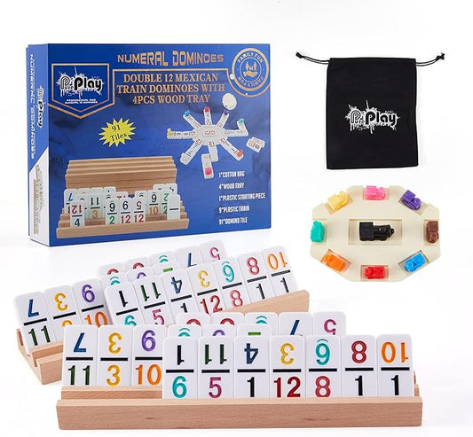 Mexican Train Dominoes Set with Numbers - Double 12 Colored Number Dominoes - 91 Tiles, 9 Trains, 4 Wooden Trays & Storage Bag for 2-8 Players Ages 8+
