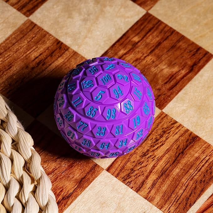 100 Sided Polyhedral Dice, Single D100 Game Dice, 100 Sided Cube with Black Pouch, D100 die 48 mm (Purple with Blue Number)